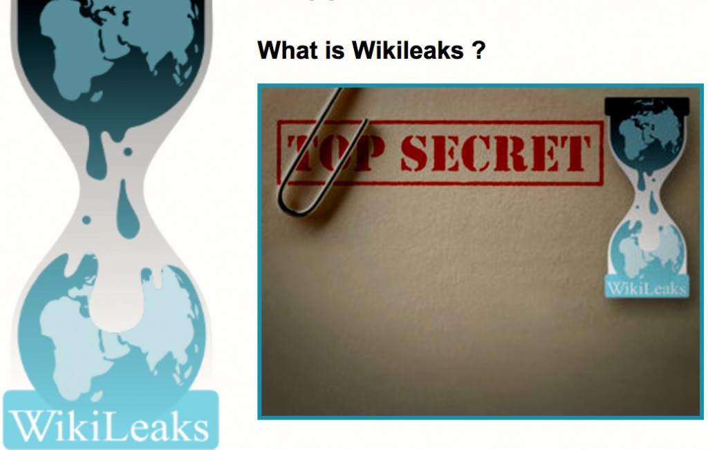 A WikiLeaks about page picture shows the logo as well as a Top Secret file in Oct. 2013 while conveying its policy about releasing information. (Screen shot by: Eric Dively/Full Sail University)