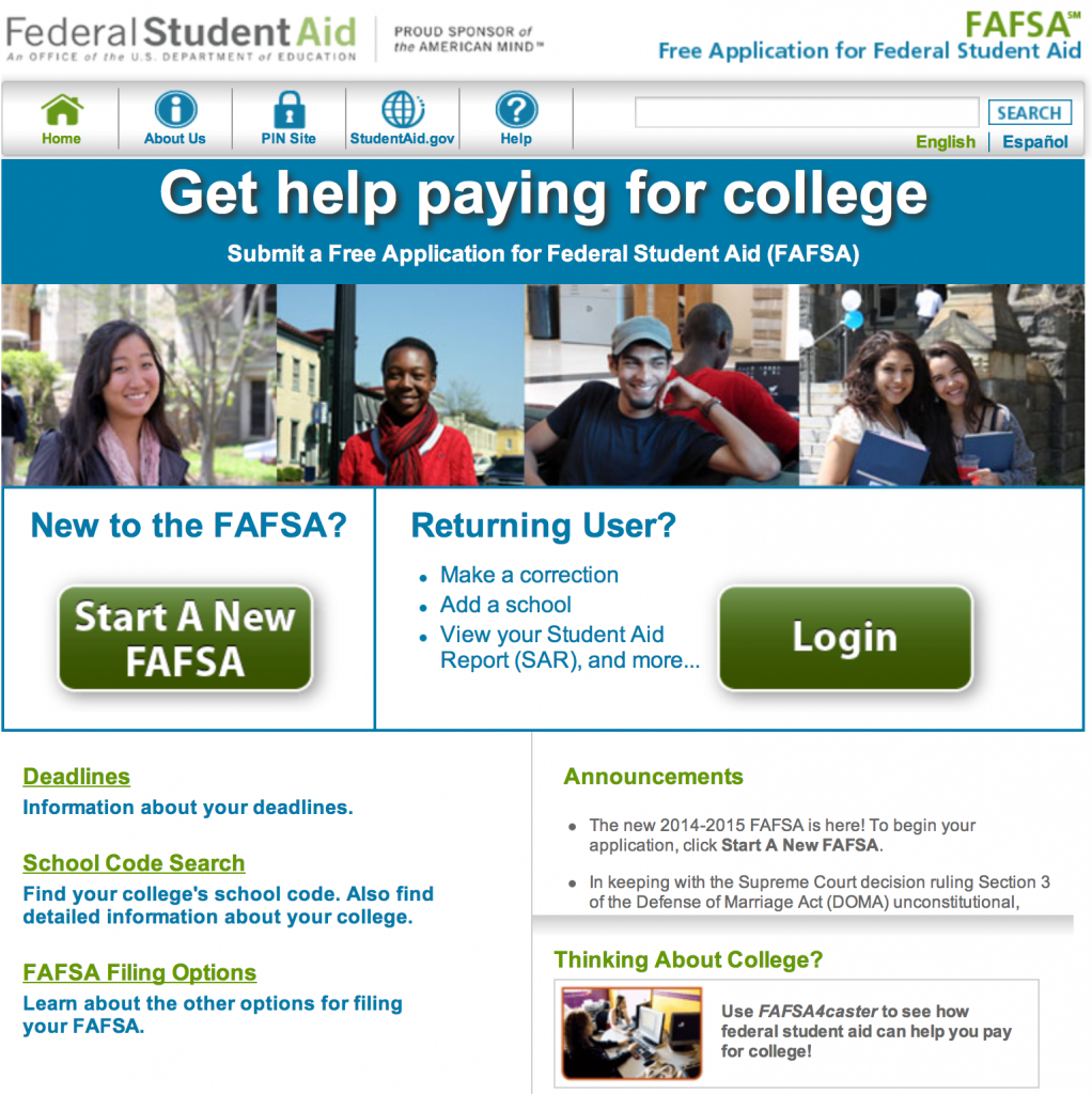 FAFSA Homepage on the Internet displays information about how people can apply for federal student aid to go to school. Screenshot taken by: Eric Dively