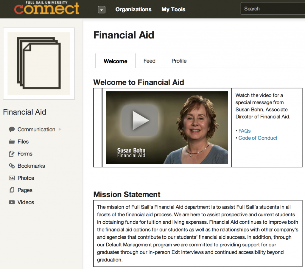 The Financial Aid page assists students on the Full Sail University's website with financial issues. Screen shot taken by: Eric Dively